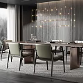 Modern Restaurant Interior With Large Windows Forest View Hanging Chandelier And Long Dining Table Chairs