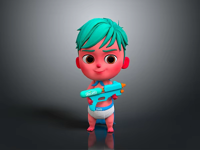Cute 3D Rendered Game and Movie Character With Green Hair Blue Water Gun White Diaper 3d model