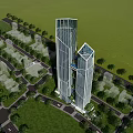 Twin Modern Skyscrapers Surrounded by Green Trees and Sea View Under Blue Sky