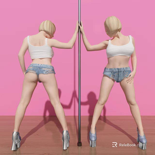 Two Women In White Tank Tops And Denim Shorts Posing By Pole Against Pink Background 3d model 