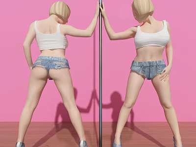 Two Women In White Tank Tops And Denim Shorts Posing By Pole Against Pink Background 3d model