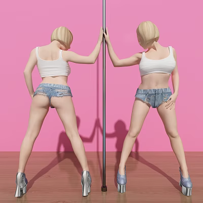 Two Women In White Tank Tops And Denim Shorts Posing By Pole Against Pink Background 3d model