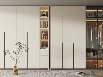 Modern Wardrobe Interior Design With White Cabinets Black Handles Open Shelves And Hanging Rods 3d model