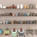 Colorful Ceramic Vases And Pottery Display On Wooden Shelves With Rolling Carts