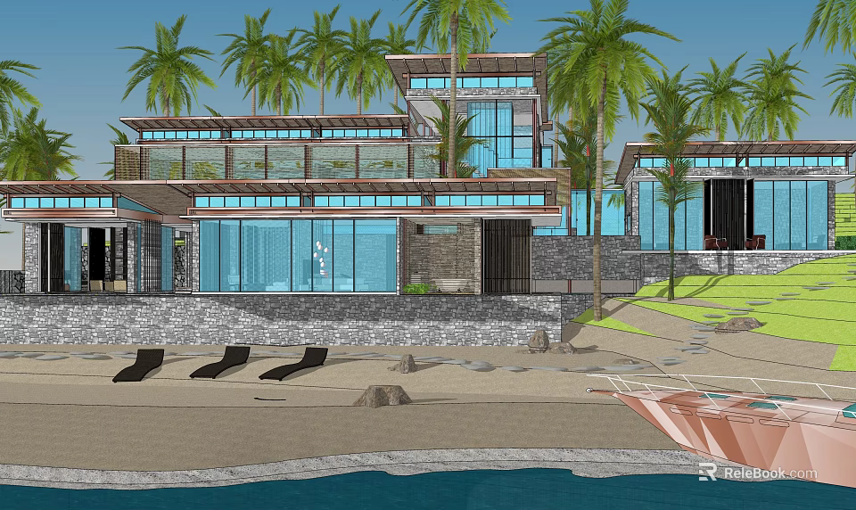 Modern Detached Villa With Palm Trees Beach And Ocean View 3d model 