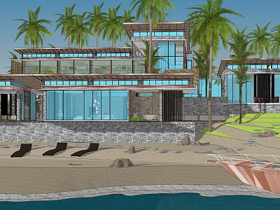 Modern Detached Villa With Palm Trees Beach And Ocean View 3d model