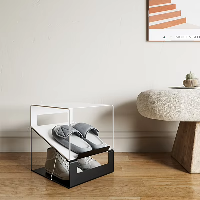 Modern Transparent Shoe Cabinet With Slippers Sneakers And Side Stool Potted Plant Light Wall Wooden Floor 3d model
