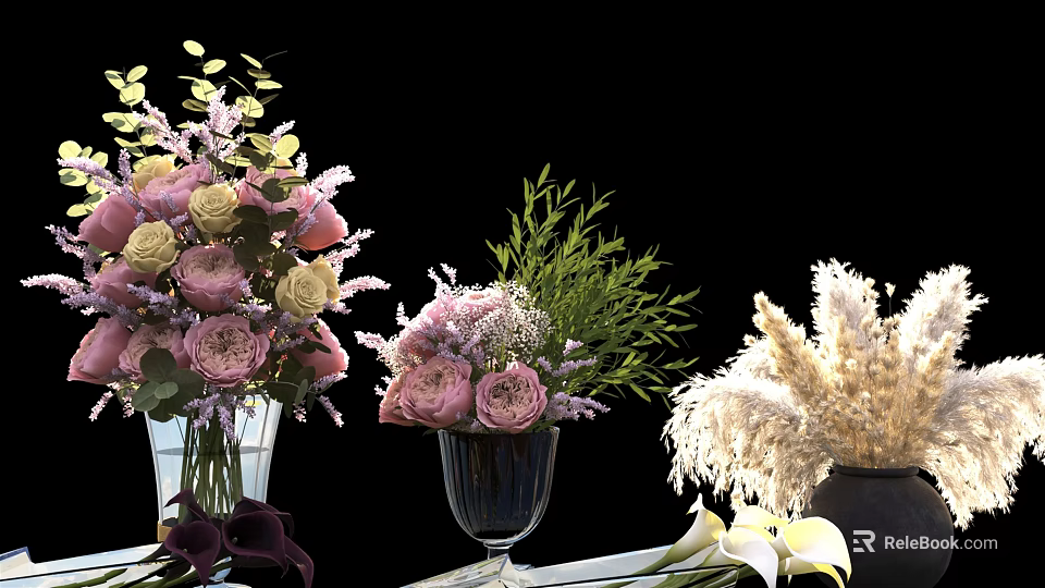 Beautiful Floral Arrangement With Pink Roses Purple Flowers And Pampas Grass In Glass Vases 3d model 