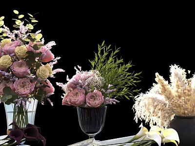Beautiful Floral Arrangement With Pink Roses Purple Flowers And Pampas Grass In Glass Vases 3d model