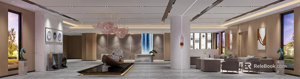 Modern Sales Office With Pink Chandeliers Waterfall Painting Reception Desk Sofa Column And Display Shelves 3d model 