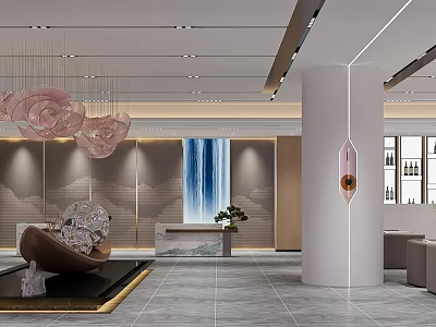 Modern Sales Office With Pink Chandeliers Waterfall Painting Reception Desk Sofa Column And Display Shelves 3d model