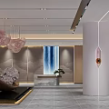 Modern Sales Office With Pink Chandeliers Waterfall Painting Reception Desk Sofa Column And Display Shelves