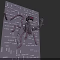 Mechanical Creature With Purple Tentacles Red Eye Screen Sharp Teeth And Brick Wall Background