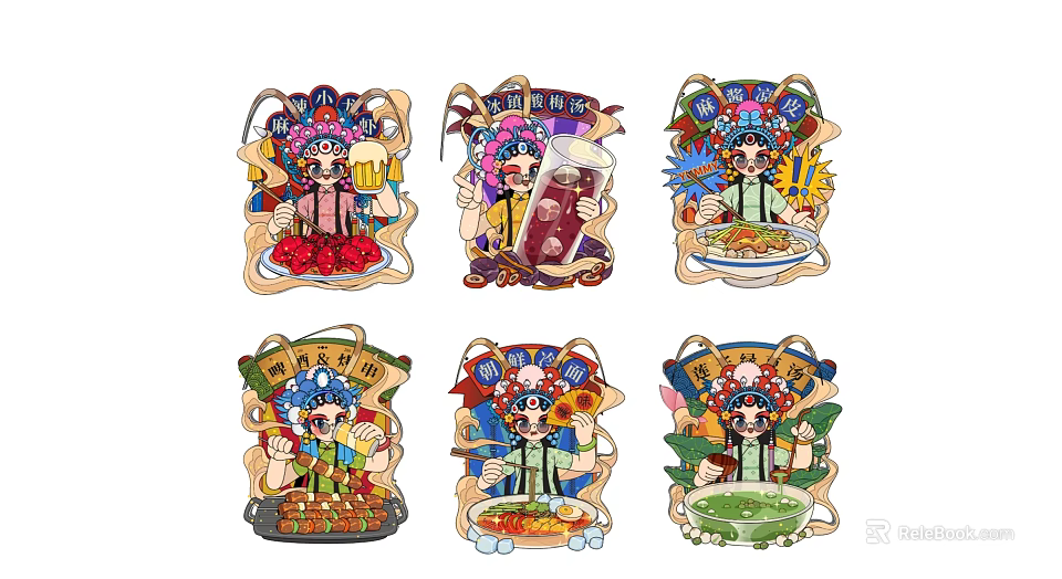 Peking Opera Character Illustrations With Various Foods 3d model 