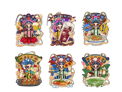 Peking Opera Character Illustrations With Various Foods 3d model