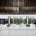 Modern Sales Office Interior With Wooden Slat Walls Central Water Feature And Green Sculpture
