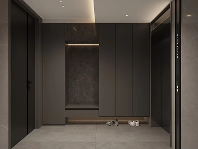 Modern Elevator Hallway Design With Dark Cabinetry Marble Wall Bench And Shoes 3d model