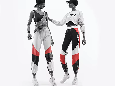 Two Fashion Models Wearing Caps Sleeveless Top White STAR Cropped Sweatshirt And Colorful Geometric Pants 3d model