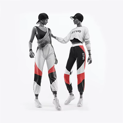 Two Fashion Models Wearing Caps Sleeveless Top White STAR Cropped Sweatshirt And Colorful Geometric Pants 3d model