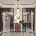 Traditional Chinese Foyer Hallway With Circular Screen Chandelier Console Table And Decorative Painting