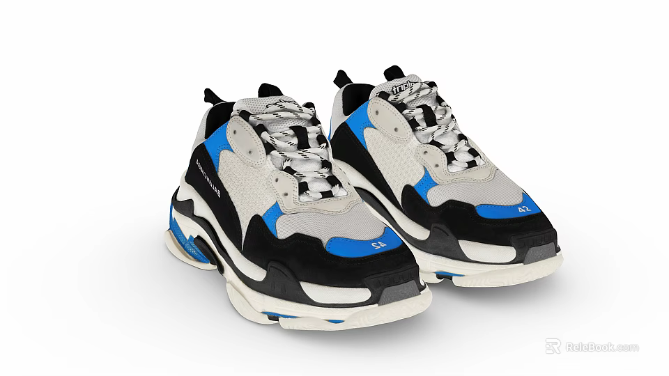 Modern Casual Sneakers with Gray Black Blue White Block Design Thick Sole Mesh Panel Details 3d model 