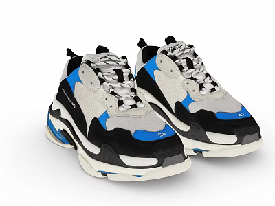 Modern Casual Sneakers with Gray Black Blue White Block Design Thick Sole Mesh Panel Details 3d model