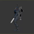 Blue Mechanical Robot With Winged Armor Red Core And Sword Weapon 3d model