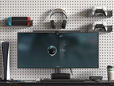 Large Computer Monitor on Desk with Pegboard Wall Headphones Game Controllers and Gaming Console 3d model