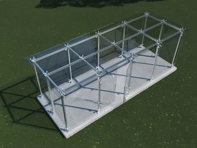 Transparent Glass Panel Structure With Metal Frame And Concrete Base On Grass 3d model
