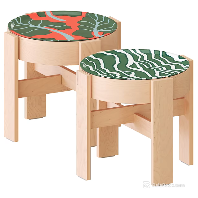 Two Round Wooden Bedside Tables With Modern Colorful Wave Pattern Top Surfaces 3d model 
