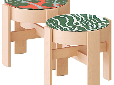 Two Round Wooden Bedside Tables With Modern Colorful Wave Pattern Top Surfaces 3d model