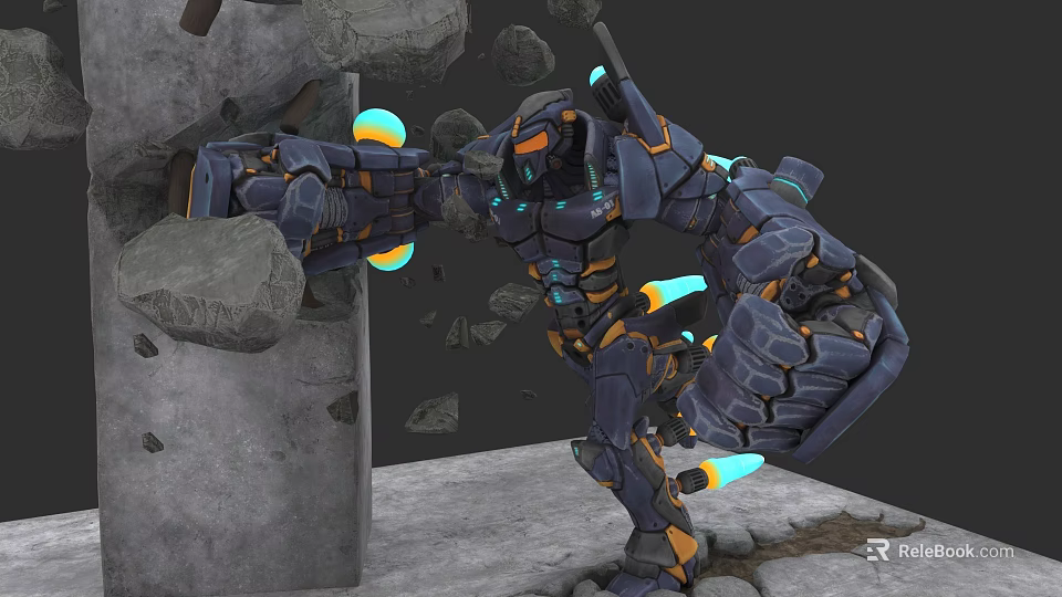 Game Movie Character in Blue Orange Mechanical Armor with Glowing Elements Breaking Rocks 3d model 