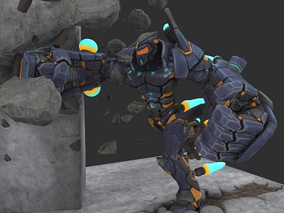 Game Movie Character in Blue Orange Mechanical Armor with Glowing Elements Breaking Rocks 3d model