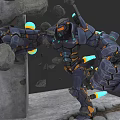 Game Movie Character in Blue Orange Mechanical Armor with Glowing Elements Breaking Rocks