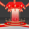 Red Chinese Art Installation With Pavilion Lanterns Happy New Year Decorations Circular Platform And Steps