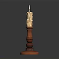 Three Ornate Candle Holders With Lit Candles Red Bases And Carved Details On Dark Surface