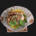 Roasted Chicken Dish with Fresh Basil Parsley and Yellow Sauce on Shell Shaped Plate