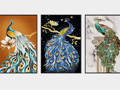 Artistic Peacock Animal Paintings With Floral Starry And Marble Background Designs 3d model