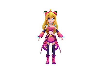 Cartoon Style Game Movie Character With Blonde Hair And Cat Ears In Pink Purple Outfit 3d model