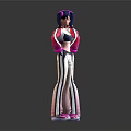 Female Character With Twin Ponytails Red Jacket Number 6 Logo Black Crop Top Beige Pants