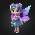 Cute Fairy With Blue Purple Hair Star Pink Flowers Gradient Wings And Sparkling Leaf Dress