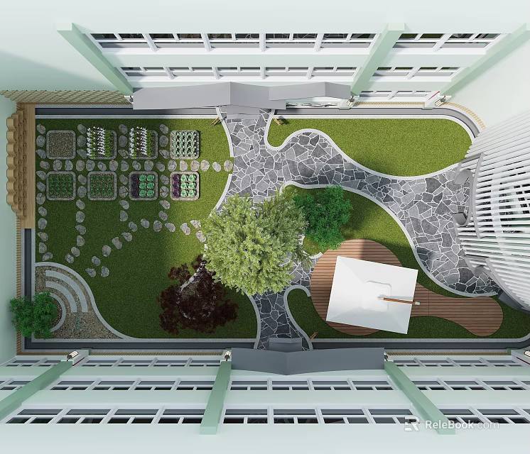 Residential Courtyard Garden Landscape With Lush Green Lawn Winding Stone Pathways Trees And Wooden Platform 3d model 