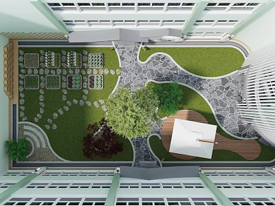 Residential Courtyard Garden Landscape With Lush Green Lawn Winding Stone Pathways Trees And Wooden Platform 3d model