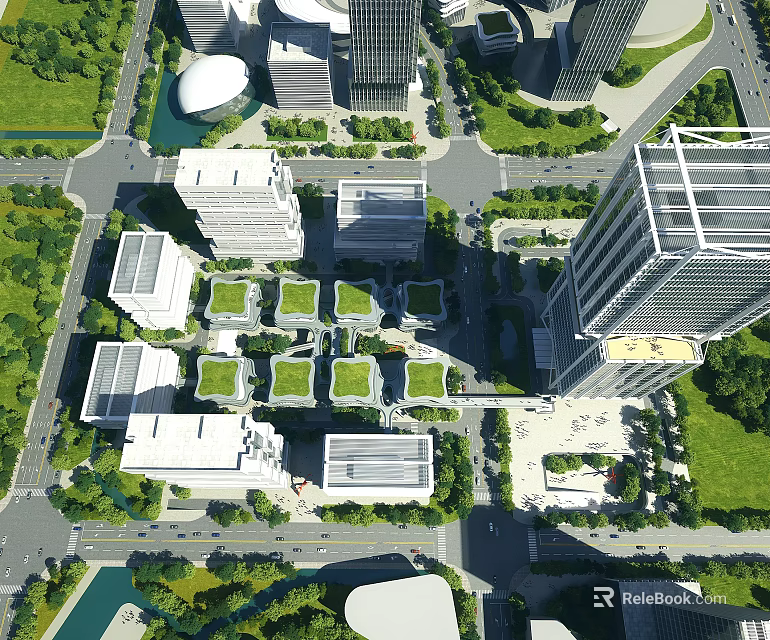 Aerial View Of Modern Office Buildings With Green Roofs And Surrounding Urban Greenery 3d model 