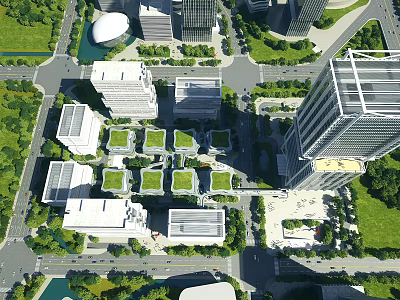 Aerial View Of Modern Office Buildings With Green Roofs And Surrounding Urban Greenery 3d model