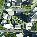Aerial View Of Modern Office Buildings With Green Roofs And Surrounding Urban Greenery