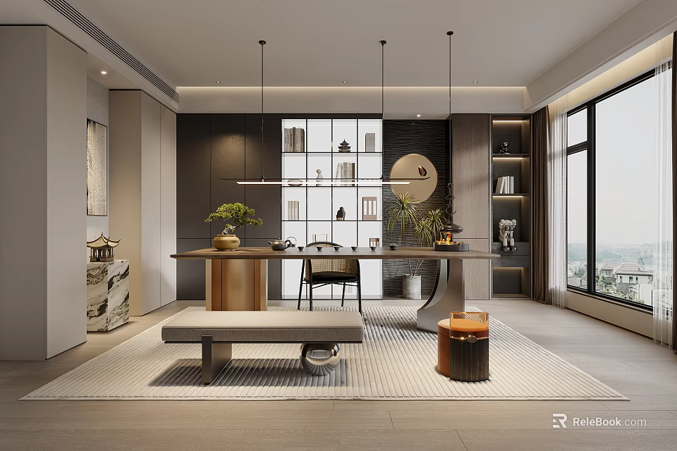 Modern Tea Room Interior With Table Plants Shelves And Large Windows 3d model