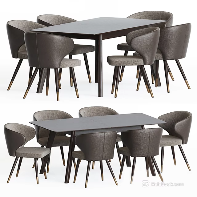 Modern Dark Wood Dining Table Set With Upholstered Chairs And Metal Legs 3d model 
