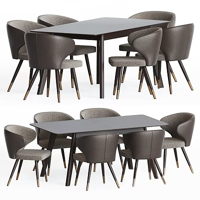 Modern Dark Wood Dining Table Set With Upholstered Chairs And Metal Legs 3d model