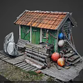 Small Wooden House With Red Tiled Roof Green Walls And Colorful Buoys On Wooden Platform